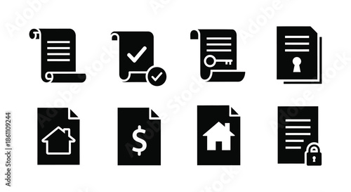 A collection of black document icons representing contracts security and property details silhouette