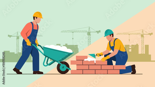 Construction workers building a brick wall on a construction site.