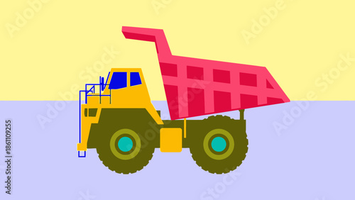 Yellow dump truck with red cargo bed on pixelated background.