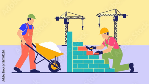 Construction workers building a brick wall with cranes in the background.