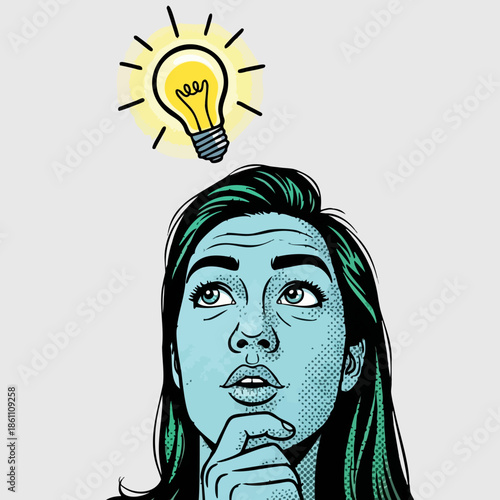 Pop art illustration of a woman with a glowing lightbulb above her head, hand on chin — symbolizing creativity, innovation, and problem-solving