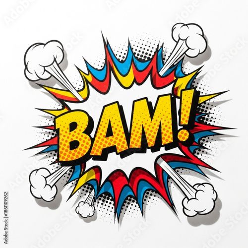 Vibrant comic book-style "BAM!" explosion graphic with bold yellow text and dynamic red, blue, and black lines — perfect for action scenes, promotions, or energetic content