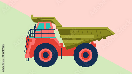 Large red dump truck with green bed on pastel background.