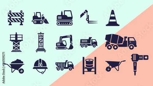 Construction Equipment and Tools Icons Set.