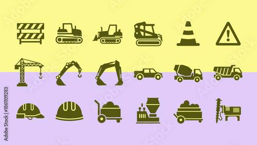 Collection of Construction Equipment and Safety Icons.