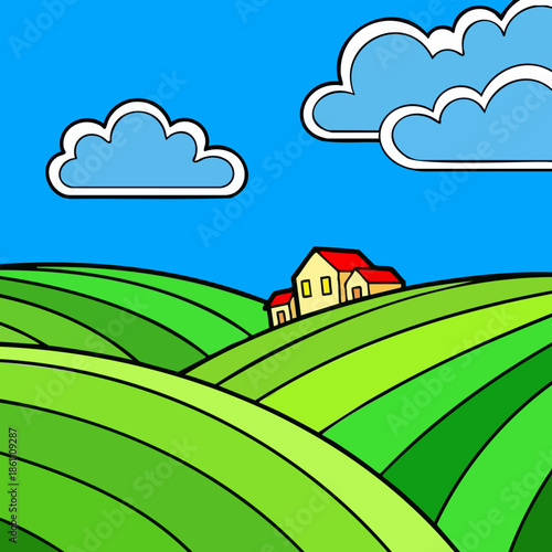 Cartoon illustration of a cozy house nestled in rolling green hills under a bright blue sky with fluffy clouds — idyllic countryside scene for real estate, travel, or lifestyle content