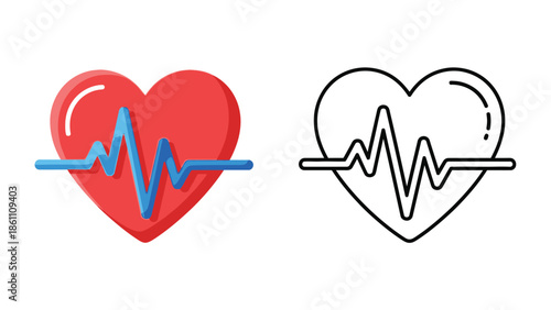 Collection of two distinct heart icons one featuring a vibrant red shape with a blue electrocardiogram line and the other a simple black outline design representing life and health monitoring