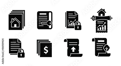 Collection of real estate documents and property icons in a minimalistic black silhouette