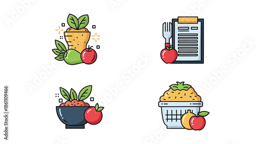 Set of four colorful line art icons illustrating various concepts related to healthy eating balanced nutrition food planning meal preparation and fresh ingredients like fruits and vegetables