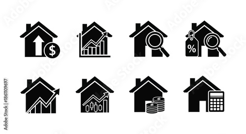 Black house icons representing finance growth and real estate investments a striking silhouette
