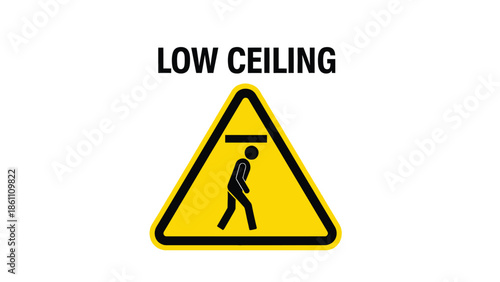 Cautionary warning sign clearly indicating a low ceiling hazard featuring a black pictogram of a person ducking beneath a horizontal bar