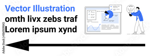 Business strategy, data visualization, innovation, analytics, report generation, creative thinking. Charts, graphs and a person holding a light bulb. Data visualization and innovation concept