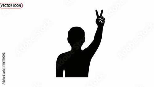 Silhouette of a person raising hand with peace sign.