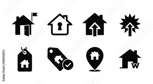 A collection of simple black house icons and related symbols a minimalist design silhouette