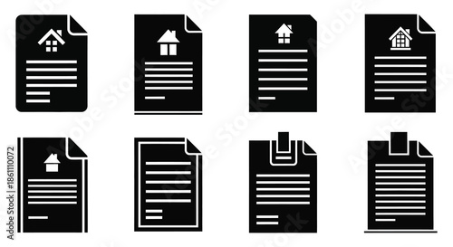 A collection of black document icons depicting houses files and folders a silhouette