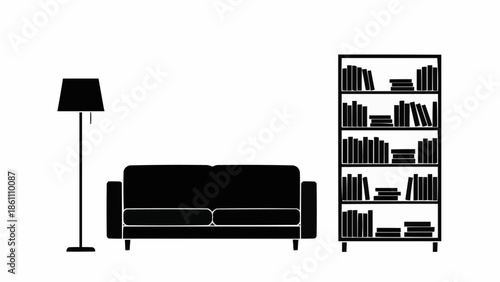 Silhouette of a modern living room with a sofa bookshelf and lamp.