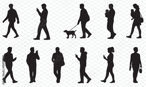 Silhouettes of diverse people engaged in everyday activities like walking and using phones