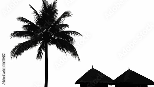 Silhouette of a palm tree and two huts against a white background.