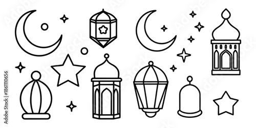 Islamic Ramadan Kareem line icon set featuring lanterns, crescent moons, stars, and mosque domes isolated on white background
