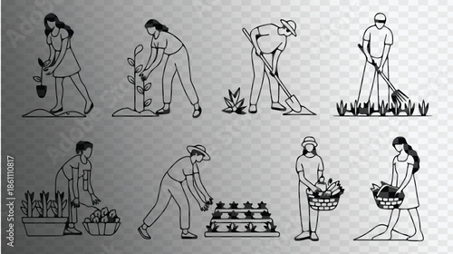 People engaged in various gardening and agricultural activities, from planting to harvesting