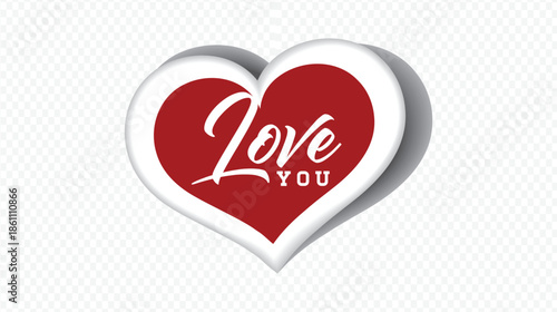 Vibrant red heart with 'love you' message on a transparent background, symbolising affection