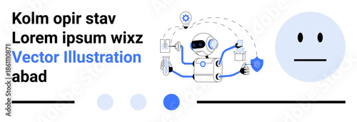 Humanoid AI robot multitasking, equipped with tools, shield icon, and technology elements. Ideal for AI, automation, security, innovation, technology robotics and simple landing page