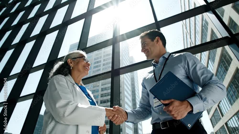 custom made wallpaper toronto digitalSmiling Healthcare Professional and Businessman Shaking Hands in a Bright, Modern Office Environment, Symbolizing Successful Partnership and Collab...