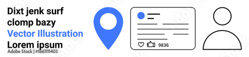 Location tracking, social profiles, digital platforms, user interfaces, social engagement, navigation systems. A blue location pin, profile icon and engagement card. Location tracking and social