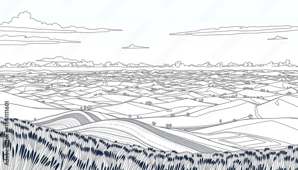 Fototapeta premium Minimal Rolling Hills Landscape Line Drawing