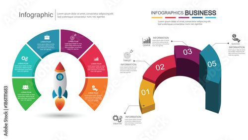 Business Launch and Growth Infographic Set. Rocket Startup Circular Process with 6 Steps and 3D Half-Circle Bar Chart. Professional Vector Template for Strategy and Success Planning