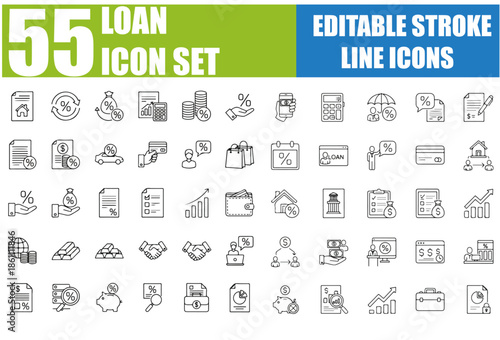 Loan and Financial Credit Line Icons Set, Editable Stroke Vector Illustration of Mortgage, Savings, Borrow, Lender, Credit Rating, Leasing, Calculator and Banking