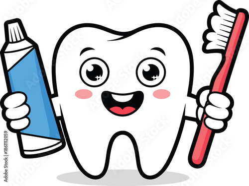 Cute cartoon tooth character holding a blue toothpaste tube and red toothbrush for pediatric dental care health and hygiene education