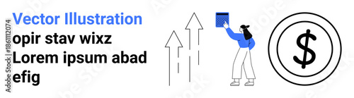 Business management, financial growth, revenue trends, economic strategies, investment opportunities, and planning. Woman holding a bar chart, arrows pointing upwards and dollar icon. Financial
