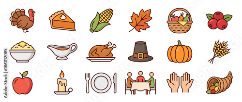 Collection of Thanksgiving themed icons including food, people, and symbols.