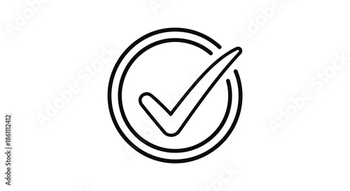 A simple circular design featuring a checkmark inside a minimalist graphic silhouette