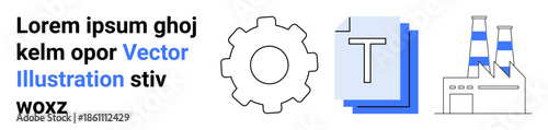Industrial design, automation, digital integration, manufacturing, production processes, technology interface. Gear, text documents and factory graphics are visible. Industrial design and automation