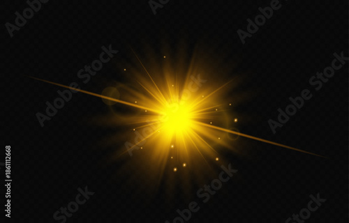 A bright golden flash of light with rays and highlights. Lens effect on a transparent background. Golden glow, energy, sunlight, cosmic explosion.