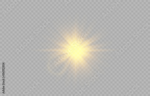 A bright golden flash of light with rays. Lens effect on a transparent background. Sunshine, warmth, energy, abstraction