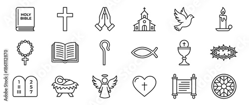 A collection of twenty Christian religious icons in a line art style.