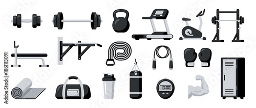Collection of gym equipment icons including weights, machines, and accessories for fitness training.