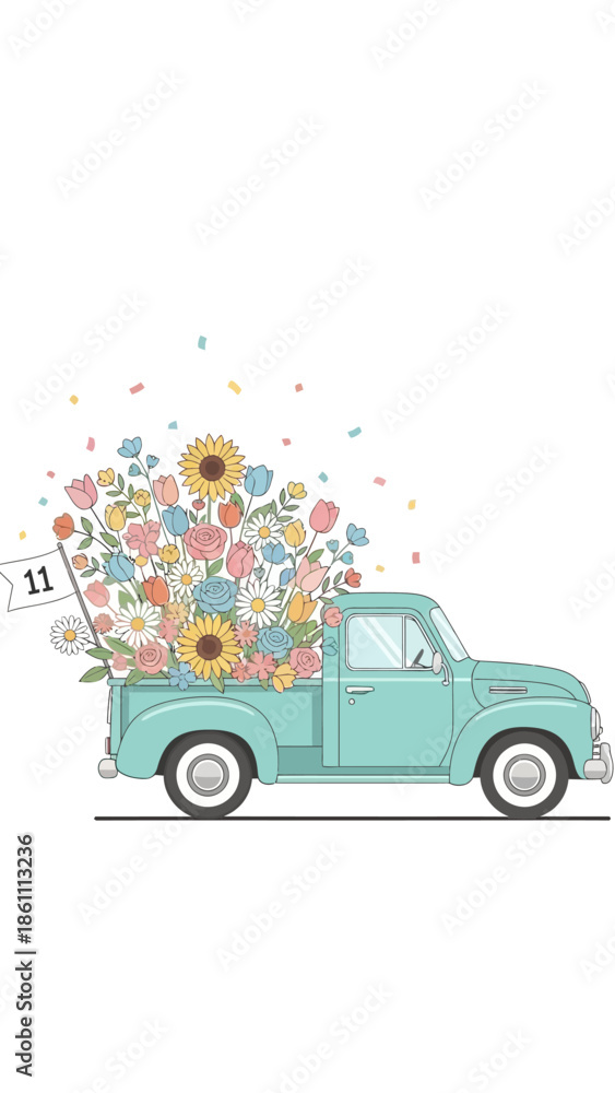 Fototapeta premium Valentine's Day vintage Truck Carrying Flowers Illustration