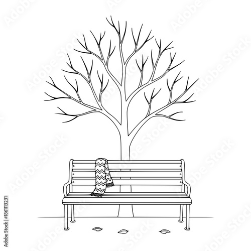 Lonely park bench with scarf and tree