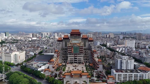 Aerial View of Yulin City, Guangxi - Traditional Temple and Modern Urban Landscape