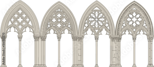 Gothic architectural arch set, tracery window design, pointed arches, quatrefoil motif, medieval structure, black line art illustration