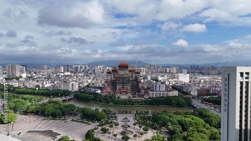 Aerial Yulin City with Red Palace, Guangxi China