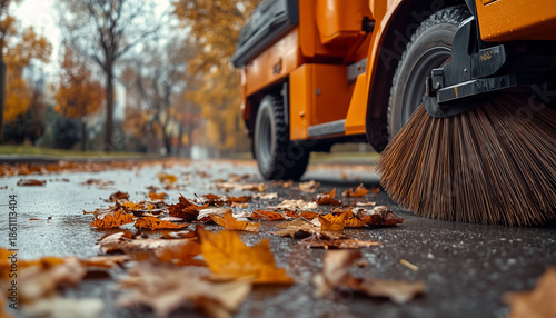 Municipal sweeper truck cleans city street with large rotating brushes. Machine collects fallen autumn leaves and debris from paved path