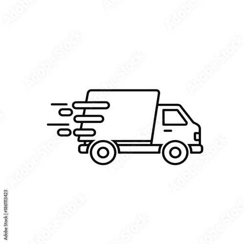 Black line art of a delivery truck speeding with motion lines