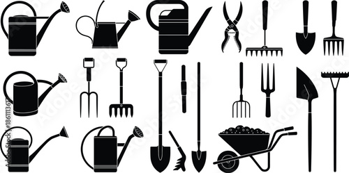 Gardening tool silhouette set, shovel, rake, pitchfork, watering can, pruning shears, wheelbarrow icon, landscaping equipment, black vector illustration