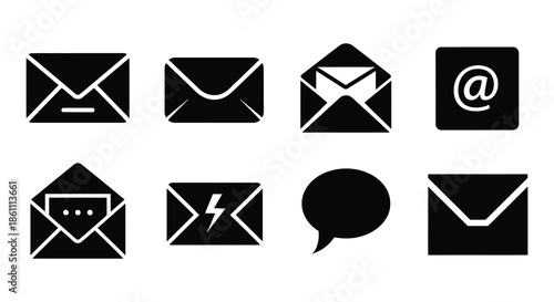 A collection of black email and communication icons including an at symbol in silhouette