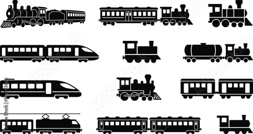 Train silhouette icon set, steam locomotive, electric train, high-speed rail, freight transport, vintage engine, railway grid, transportation illustration